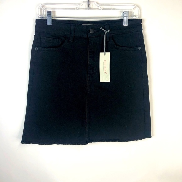 NWT Just USA black denim A Line skirt fray hem pockets front zip M - Picture 1 of 12